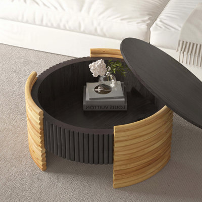 Table basse carrée avec rangement rabattable et design deux tons - brun foncé et bois naturel