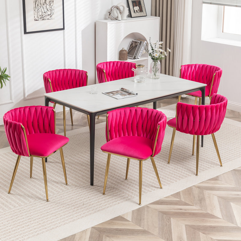 Ensemble de 6 chaises de salle à manger, chaises en velours avec pieds en métal doré, chaises d'appoint capitonnées pour salon et salle à manger modernes (rose rouge)