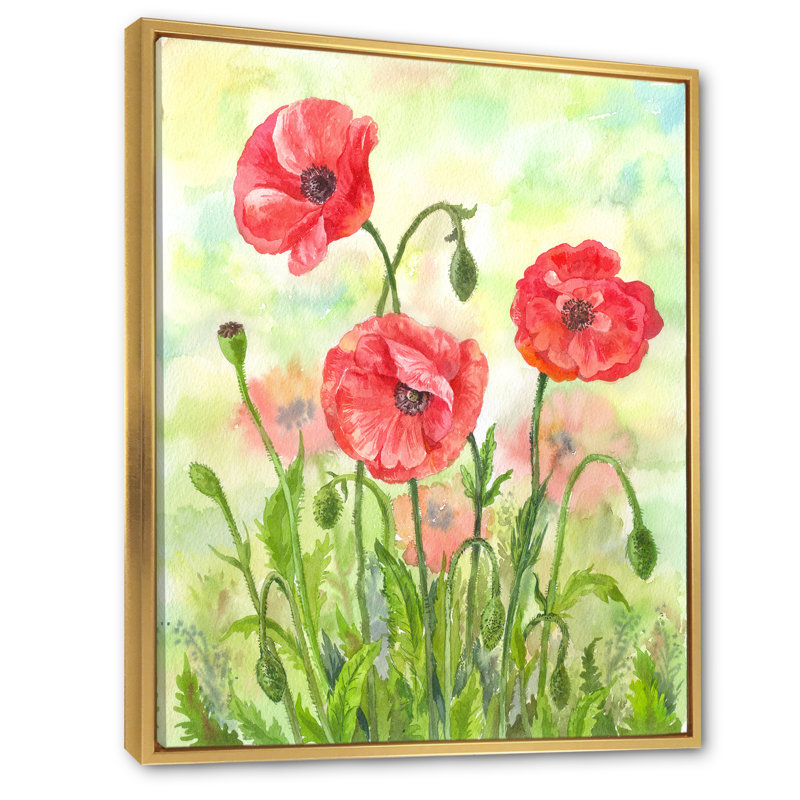 Floraison des coquelicots rouges - activé, L 30 po x H 40 po, Cadre flottant doré