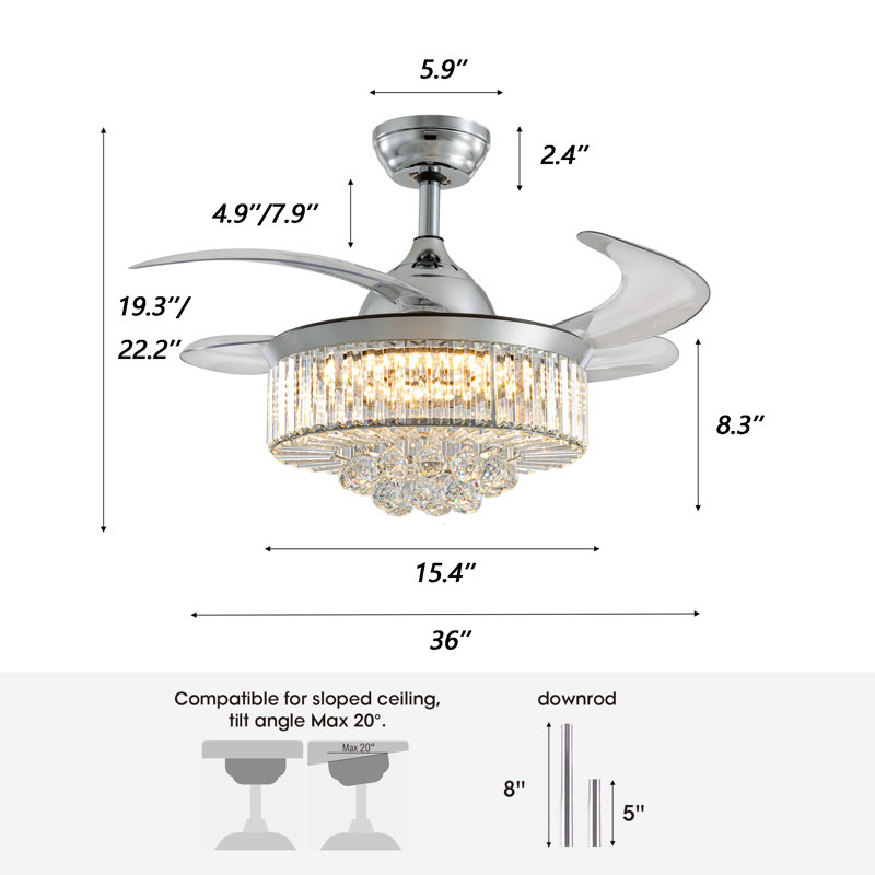 Presnell Dimmable Crystal Ceiling Fan with LED Lights and Remote Control