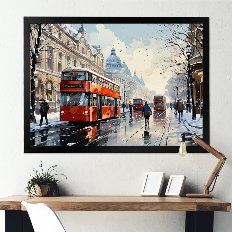 London Urban Red Bus In UK - Bus, art mural, Cadre d'angle fermé noir, H 16 po x l 32 po x P 1 po
