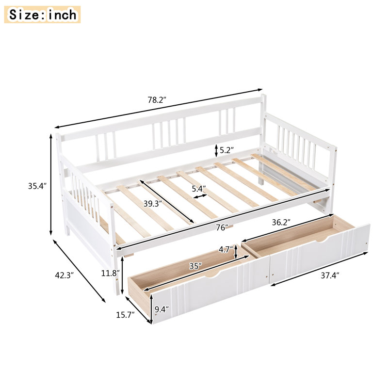 Lit de jour simple en bois avec deux tiroirs, Blanc
