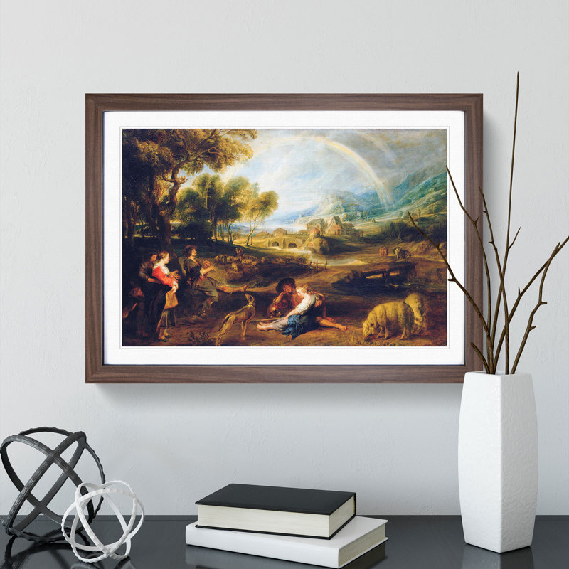 Landscape with a Rainbow by Peter Paul Rubens - Picture Frame Painting on MDF, 48cm H x 65cm W x 2cm D, Walnut Framed