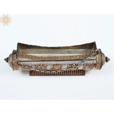 11.5" Handmade Copper Ashtamangala Incense Burner – Tibetan Buddhist Temple Style Incense Box with Holder