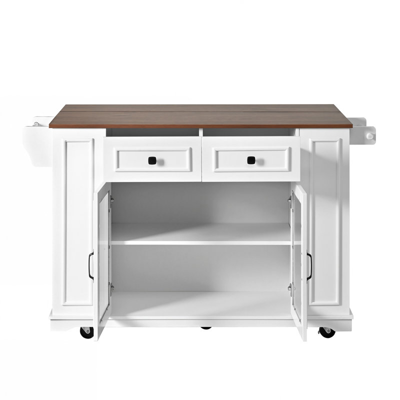 Îlot de cuisine avec rangement en verre, prise de courant et tablettes ouvertes, White