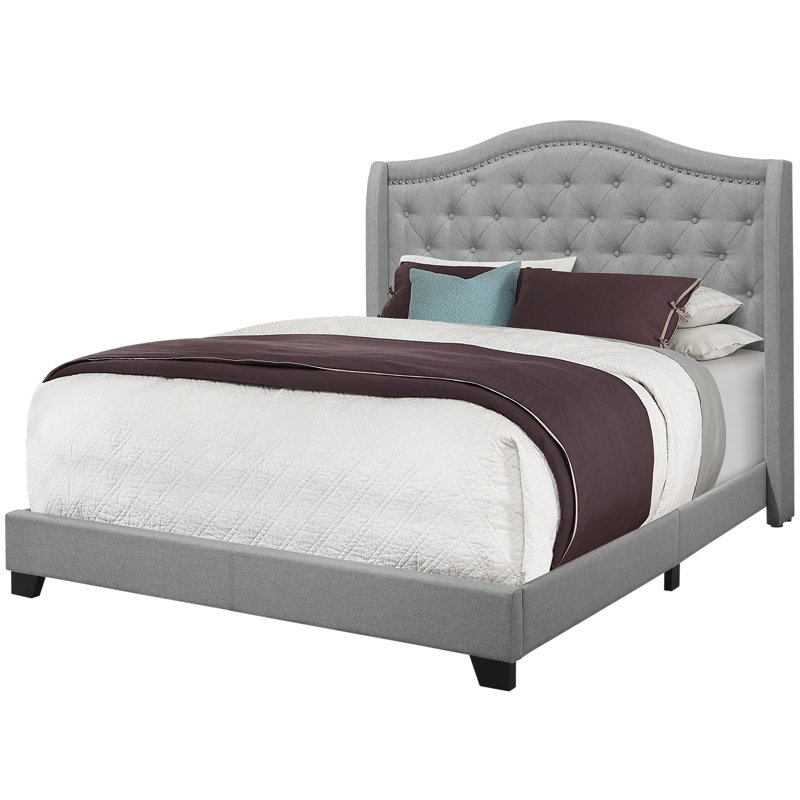 Bed, Queen Size, Bedroom, Upholstered, Grey Linen Look, Chrome Trim, Traditional   