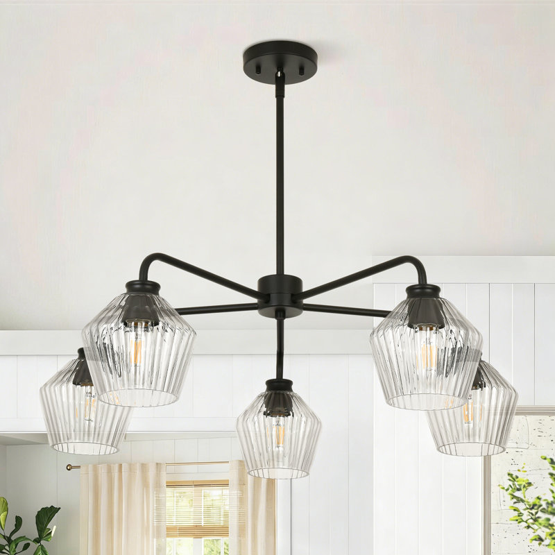 Luminaire suspendu 30 "en verre rayé transparent 5 lumières 30"