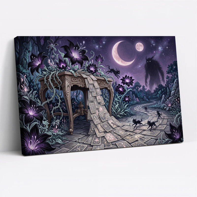 Cartes de tarot débordantes d'une table avec une toile murale violette d'Halloween, H 12 po x l 18 po