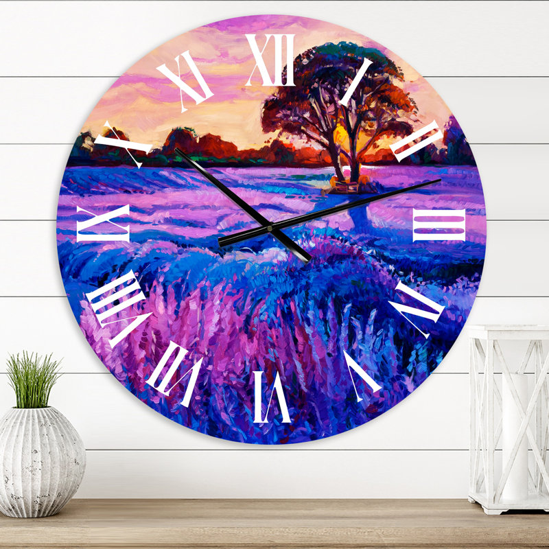 Lavande champ avec arbre au coucher du soleil - horloge murale moderne, Petit