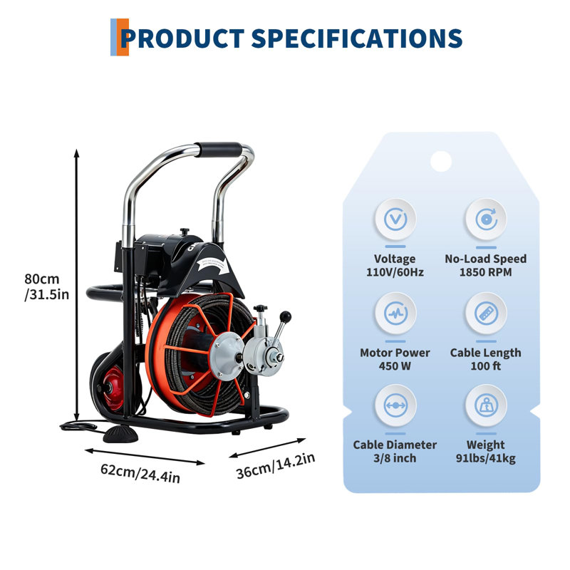 100FT x 3/8 Inch Drain Cleaning Machine with 10 Cutters & Air-Activated Foot Switch, Auto Feed Drain Snake  Auger on Wheels, 450 w High Power Sewer Snake for 2" to 4" Pipes