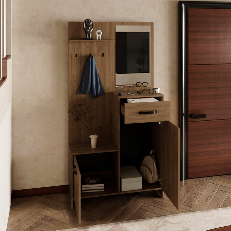 Hall d'entrée pour arbre de 75 po de hauteur avec miroirs, trois tablettes, deux armoires, un tiroir, un vestibule, une console, un salon en chêne clair