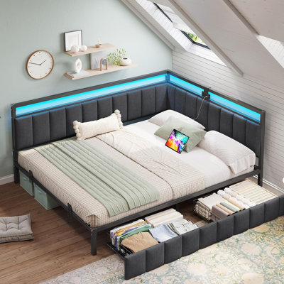 Grand lit d'angle avec tiroirs de rangement, canapé-lit grand avec garde-corps rembourrés, unité de lit avec lumières à DEL et station de charge, cadre de lit grand moderne, gris