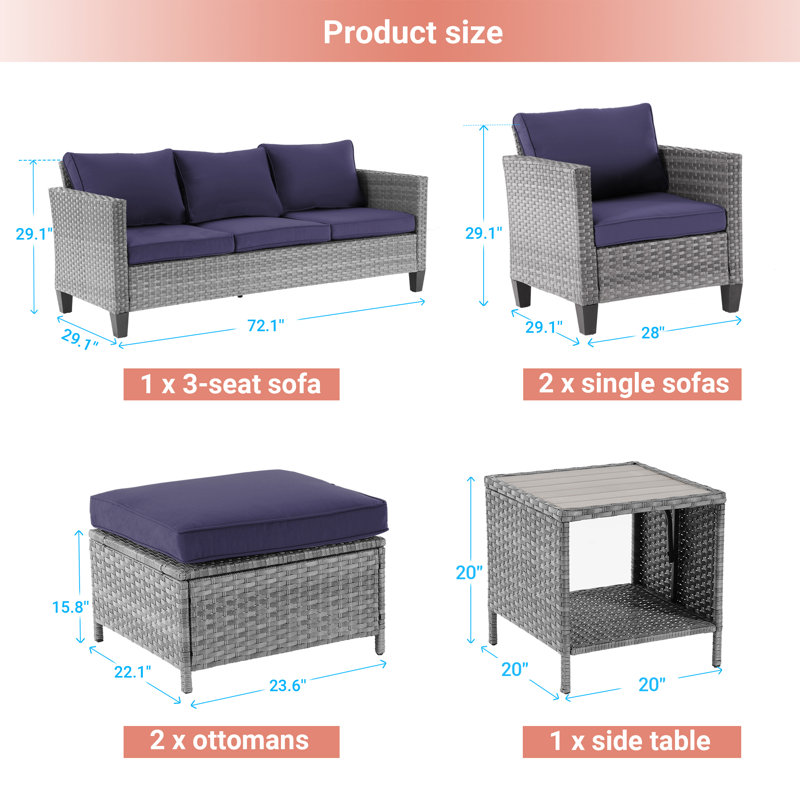 Jonson Wicker 5 - Person Patio Conversation Set with Cushions, Navy Blue, Gray