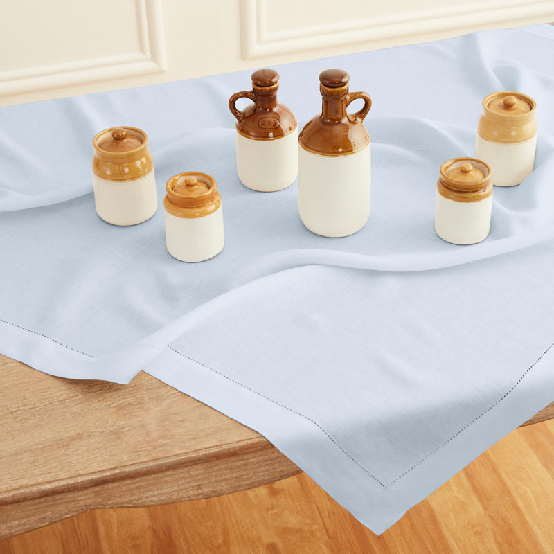 100% Pure Linen Hemstitch Table Throw - Classic Hemstitch, Light Blue