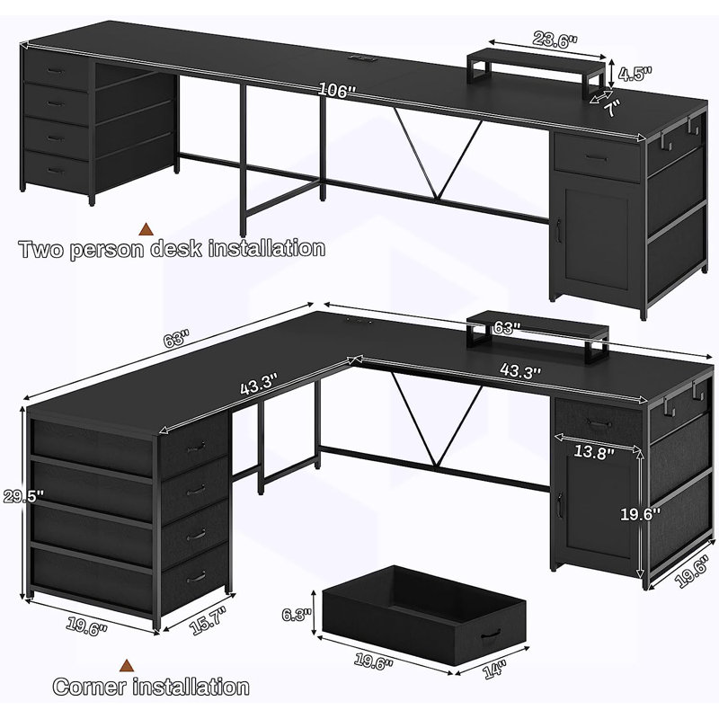 Bureau en L 63 po, Noir