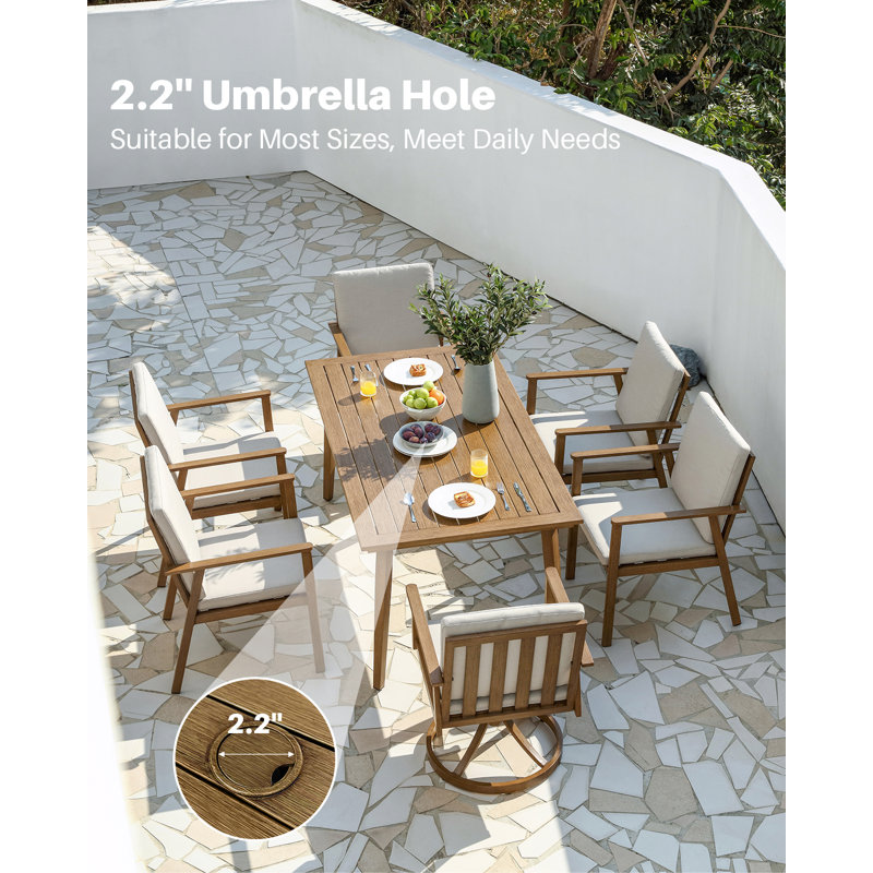 SeeHill Aluminum Outdoor Dining Table All-Weather Patio Table with 2.2" Umbrella Hole, Adjustable Height, Rust-Proof for Garden, Poolside, Patio, Brown