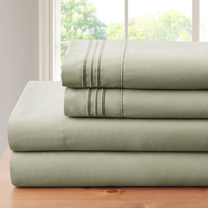 Ensemble de draps à poche profonde en bambou à contexture de 1800 fils avec 3 lignes brodées (4 pièces), ISE
