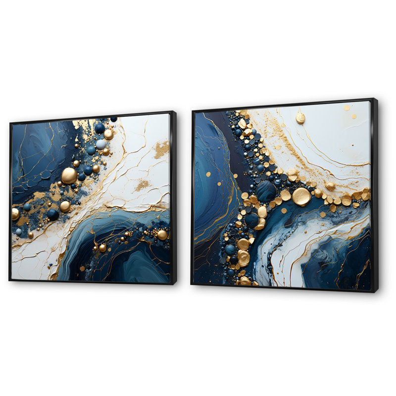 «Gold and Blue Geode», art liquide - encre liquide abstraite, ensemble de 2 impressions, Cadre noir