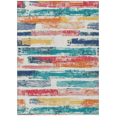 3' X 5' Ivory Teal Blue Orange And Red Striped Washable Indoor Outdoor Area Rug