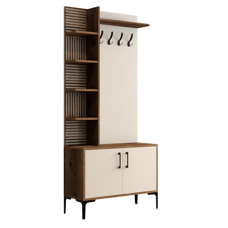 Hall Tree 35.4'' Wide With Shoe Storage, Walnut Cream