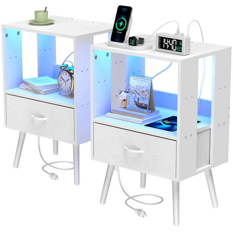 Ensemble de 2 tables de chevet modernes avec station de charge et DEL, tiroirs en tissu pour tables de chevet, panneau de particules blanc, profondeur de 15,68 po, largeur de 11,61 po, hauteur de 23,26 po, poids de 29,81 lb, éclairage télécommandé,