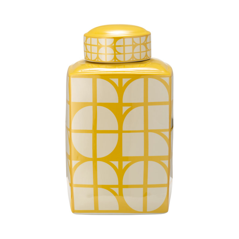 Geometric Ceramic Table Jar with Lid for Home Decor - Decorative Patterned Tall Jar for Shelf Styling, Console Display, and Tabletop Accent