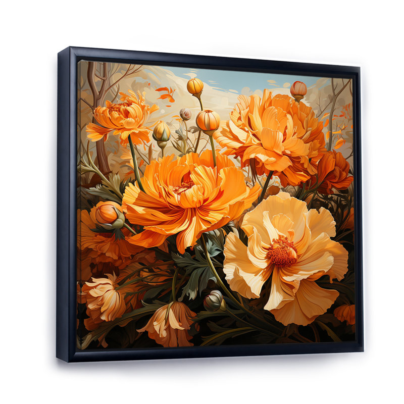 " Gold Marigold Marigold Melody I ", 16" H x 16" W x 1" D, Black Floater Framed
