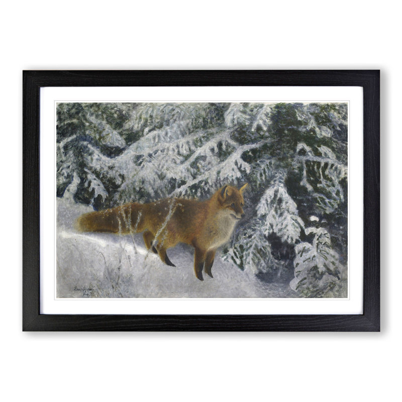 Fox in the Snow Vol.10 by Bruno Liljefors - Picture Frame Painting, 27cm H x 36cm W x 2cm D, Black Framed