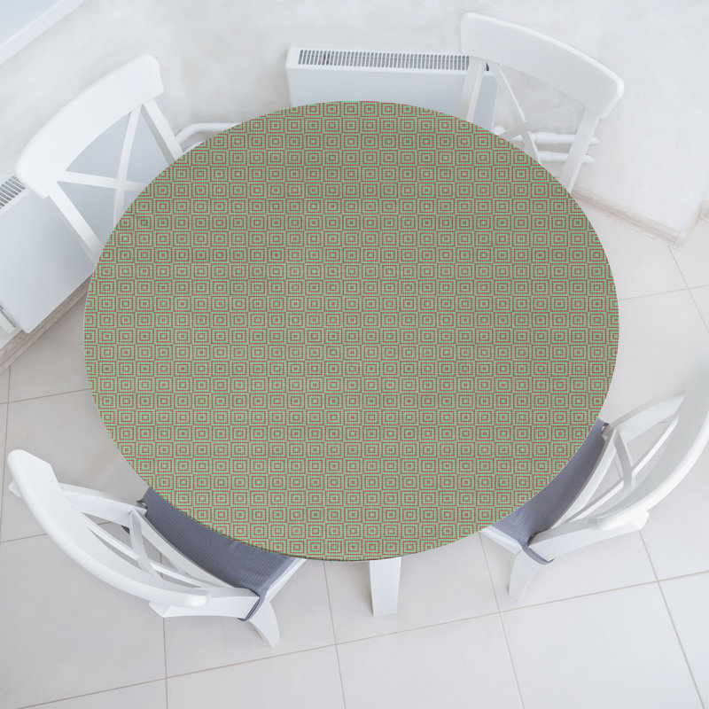 Bungalow Rose Geometric Fitted Round Tablecloth Diameter Sea Green Dark Coral, 67.72" Round