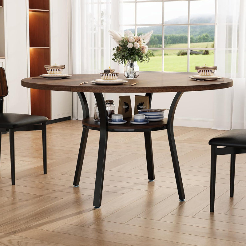 47'' Round Dining Table for 4-6, Farmhouse Dining Room Table, Round Dinner Table with Storage Shelf for Dining Room, Kitchen, Living Room, Brown