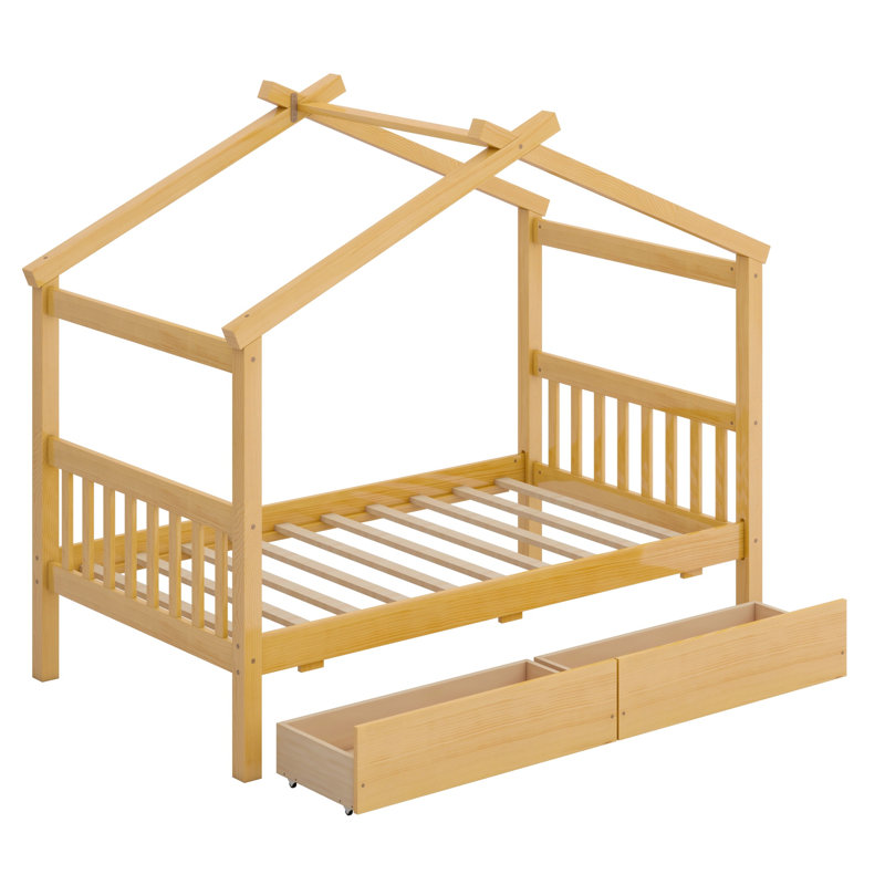 Wooden House Bed with Drawers, Natural