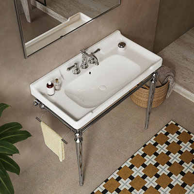 Lavabo console de salle de bain, lavabo mural avec 3 trous pré-percés et pieds
