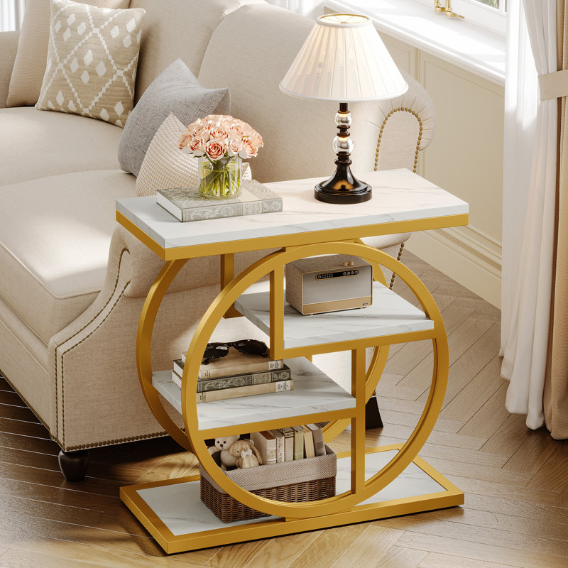 Wood and Metal 4-Tier End Table, Marble White, Gold
