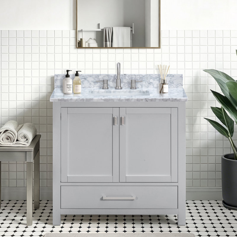 Meuble-lavabo simple 36 po avec plateau Souther, Marbre blanc de Carrare, Gris givré, Nickel brossé