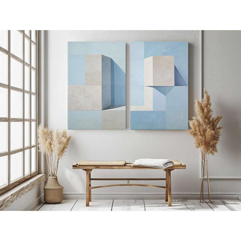 Reproduction d'art géométrique abstraite sur toile - ensemble d'art mural bleu beige - décor architectural minimaliste pour le salon ou le bureau - reproduction d'art, 2 pièces