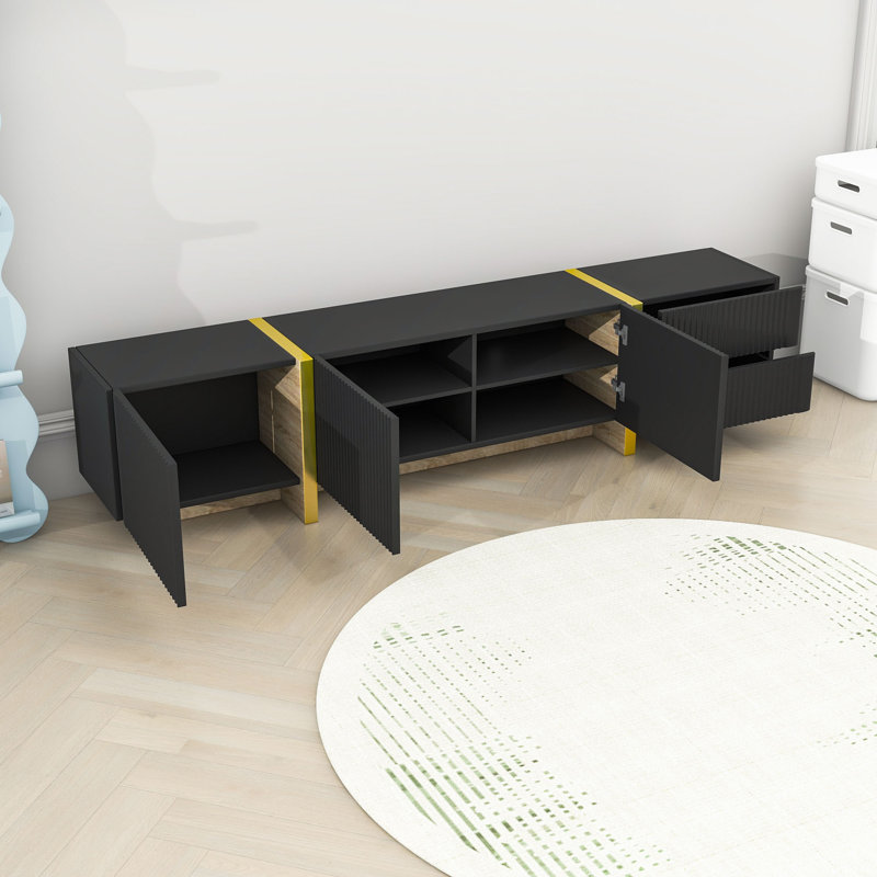 Wood TV Stand with Storage Cabinets and Drawers, Black