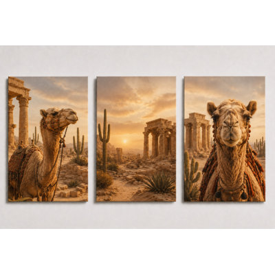 Grand ensemble de 3 ruines du désert, art mural de temple égyptien rétro, impressions sur toile pour salon chambre à coucher, décor rustique 16 x 24 pouces - prêt à accrocher