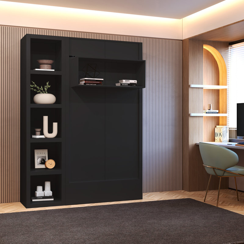 Lit escamotable avec bibliothèque Easy-Lift, Noir, Lit simple
