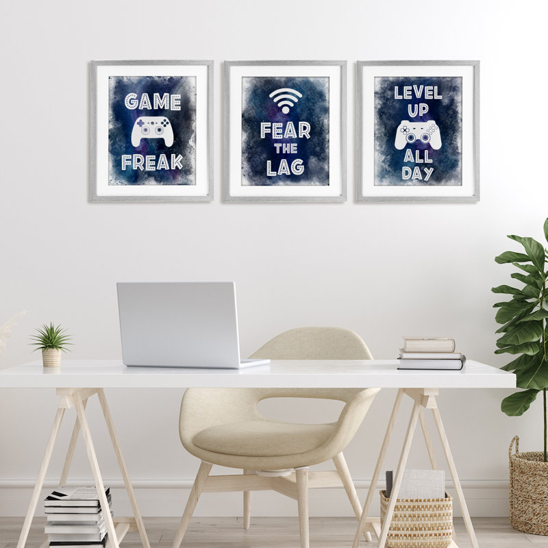 Gamer Quotes with Splash, ensemble de 3 impressions encadrées sous verre, design par Marcus Prime, H 16 po x l 13 po