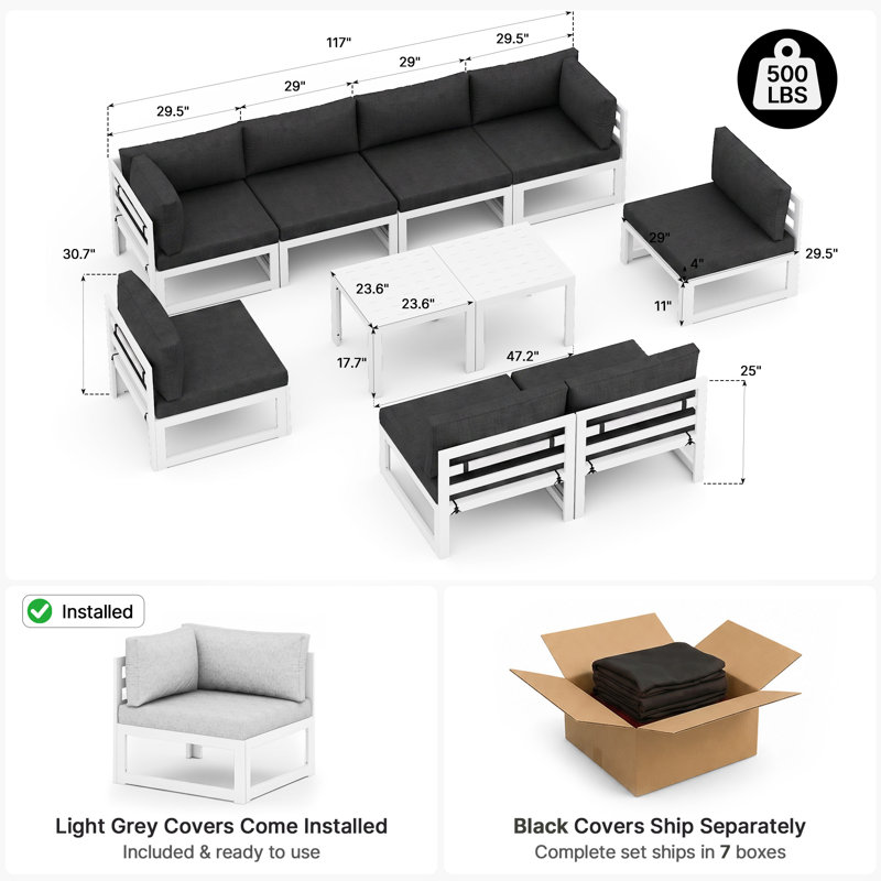 Ensemble de conversation modulaire d'extérieur en aluminium pour 8 personnes avec coussins et table basse Qui, ensemble de conversation pour patio résistant à la rouille