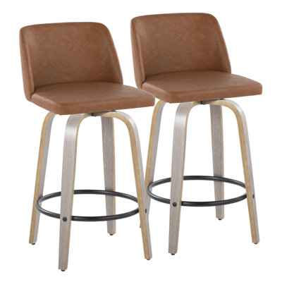 Tabouret de bar pivotant à hauteur fixe de 66 cm (26 po) en similicuir camel, bois gris, repose-pieds rond en métal noir, style contemporain, siège rembourré et rotation à 360 degrés, usage intérieur, limite de poids de 113 kg (250 lb).