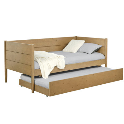 Natural Twin Daybed With Trundle, Space Trundle Four Wheels, Pine Wood And Engineered Wood, Slats For Ventilation, Transitional Panel