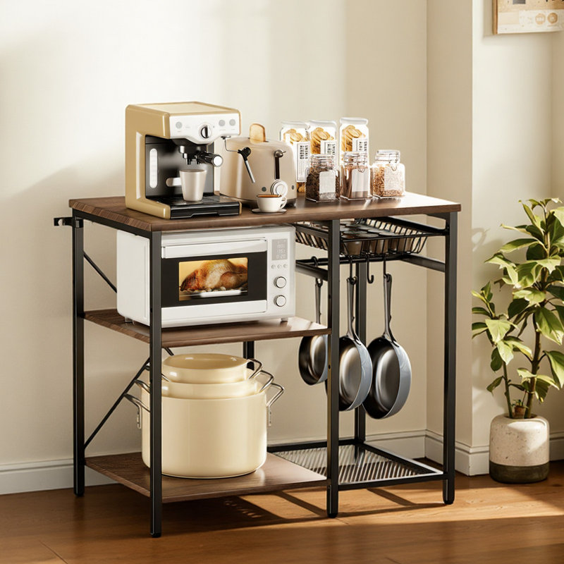 Kitchen Bakers Rack, 35.4 inch Width Bakers Rack, Kitchen Stand with X-Shaped Support Bar, 5 S-Shaped Hooks, Multi-Layer Storage Shelf, Coffee Bar Stand for Dishes & Bowls, Spice Bottles