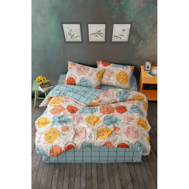 Ensemble de housse de couette simple vert menthe Ranforce, 55,1 x 78,7 pouces | 100% coton, 145 fils | Comprend 1 taie d'oreiller (23,6 po x 23,6 po) | Lavable à la machine, fermeture à boutons | Literie douce et élégante pour le confort