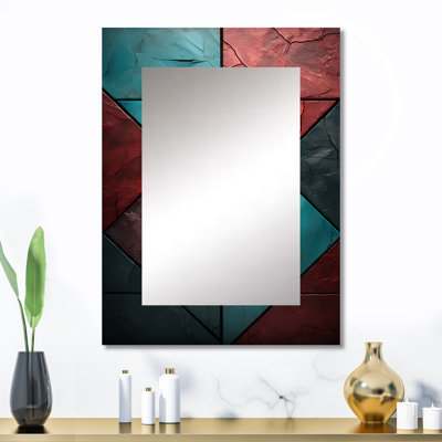 Carreaux à chevrons bleus et rouges Elegance I - miroir mural décoratif à carreaux abstraits, miroir moderne et contemporain, impression d'art en métal