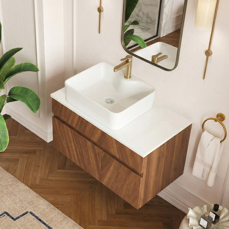 32" Modern Floating Single Bathroom Vanity Set with Sintered Stone Top and Ceramic Vessel Sink