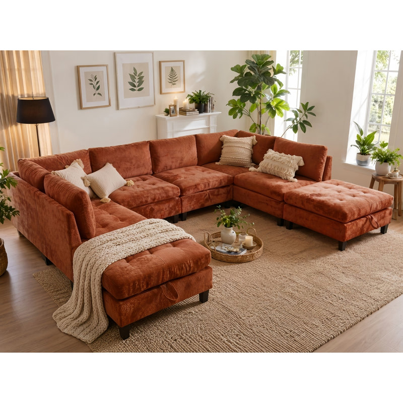 Canapé-lit modulaire avec repose-pieds Chenille, H 33,5 po x l 158 po x P 32,3 po, Chenille orange