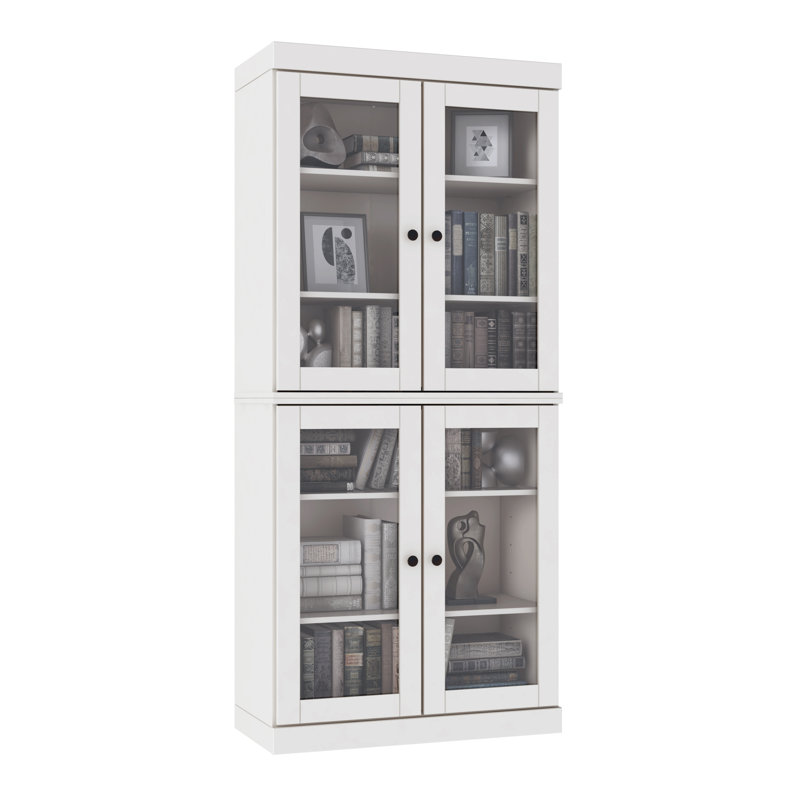 Veera Palace Imports 100% Solid Wood 6-Shelf Bookcase, Clear Glass Doors, Adjustable Shelves, 32" Wide, 71.5" Tall, White