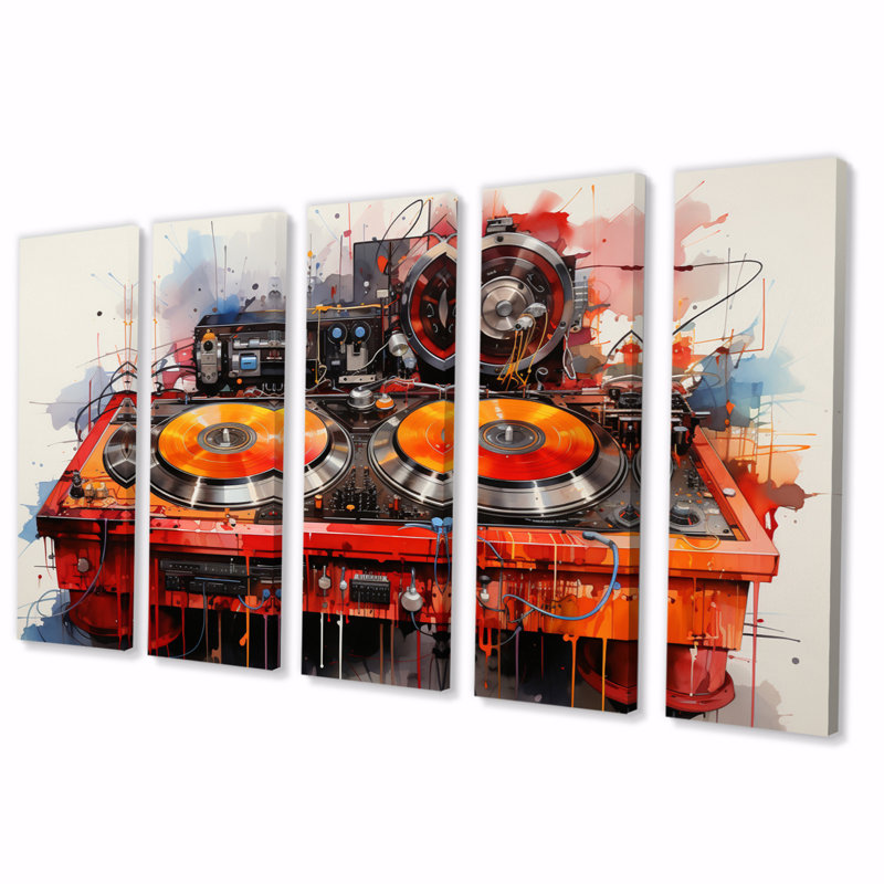 Abstrait, platines tournantes musicales, "Boom Boxes I" - reproduction d'art sur toile - 5 panneaux égaux