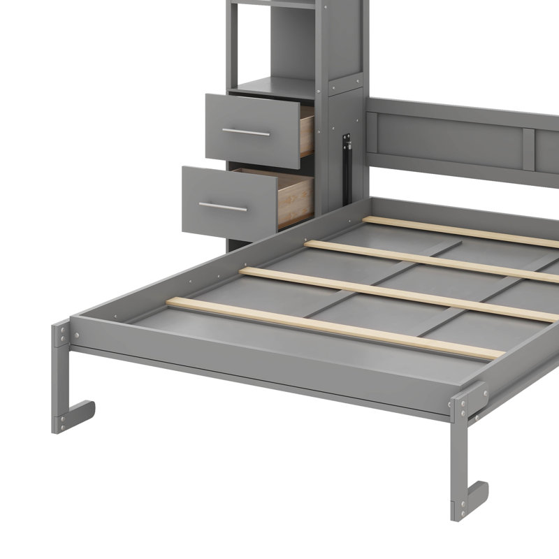 Lit escamotable avec tiroirs avec tablettes et éclairage à DEL intégré conçu pour le confort mural, Double, gris